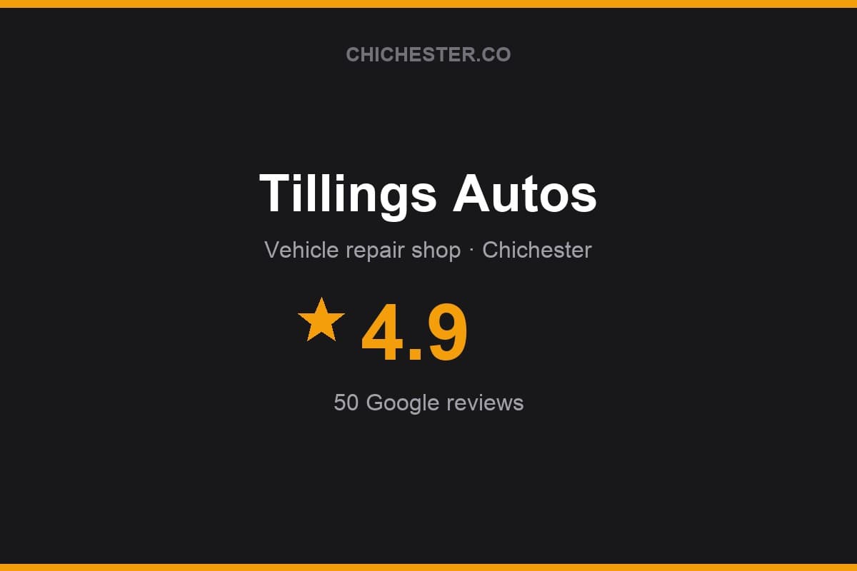 Branded Chichester Directory rating card for Tillings Autos: 4.9 stars, 50 Google reviews