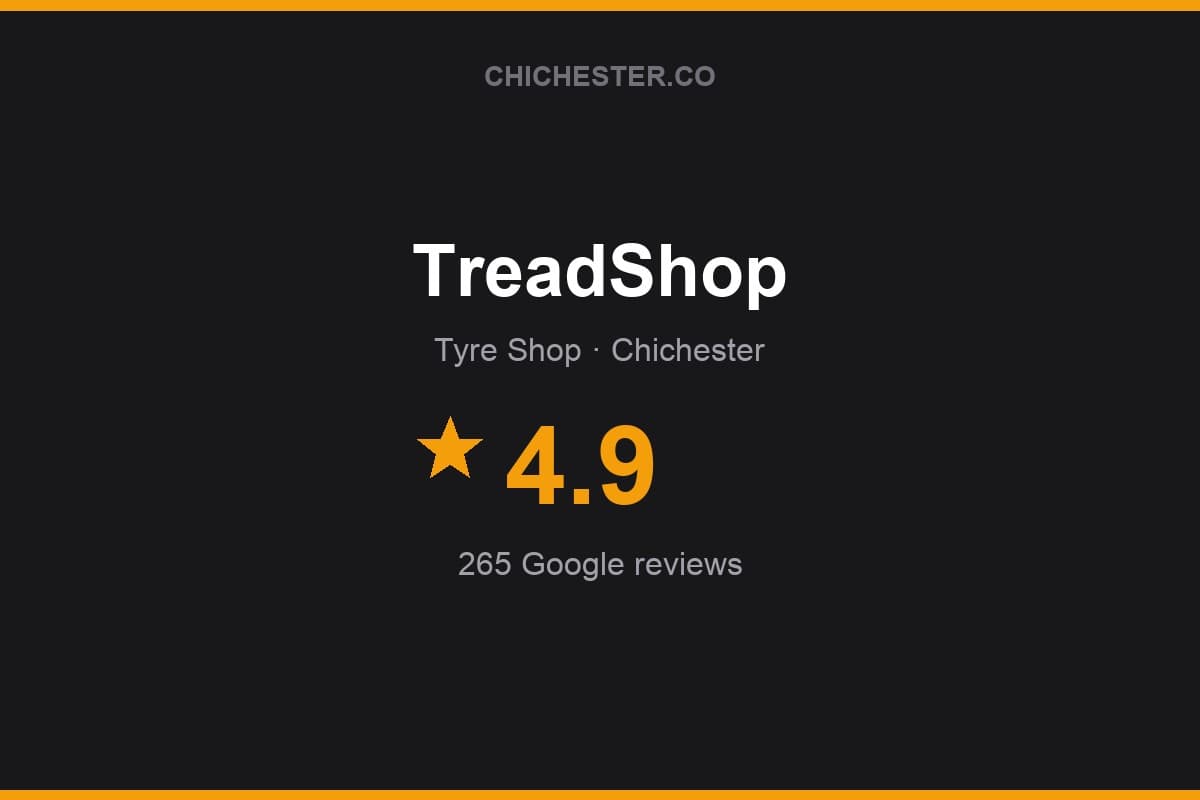 Branded Chichester Directory rating card for TreadShop: 4.9 stars, 265 Google reviews