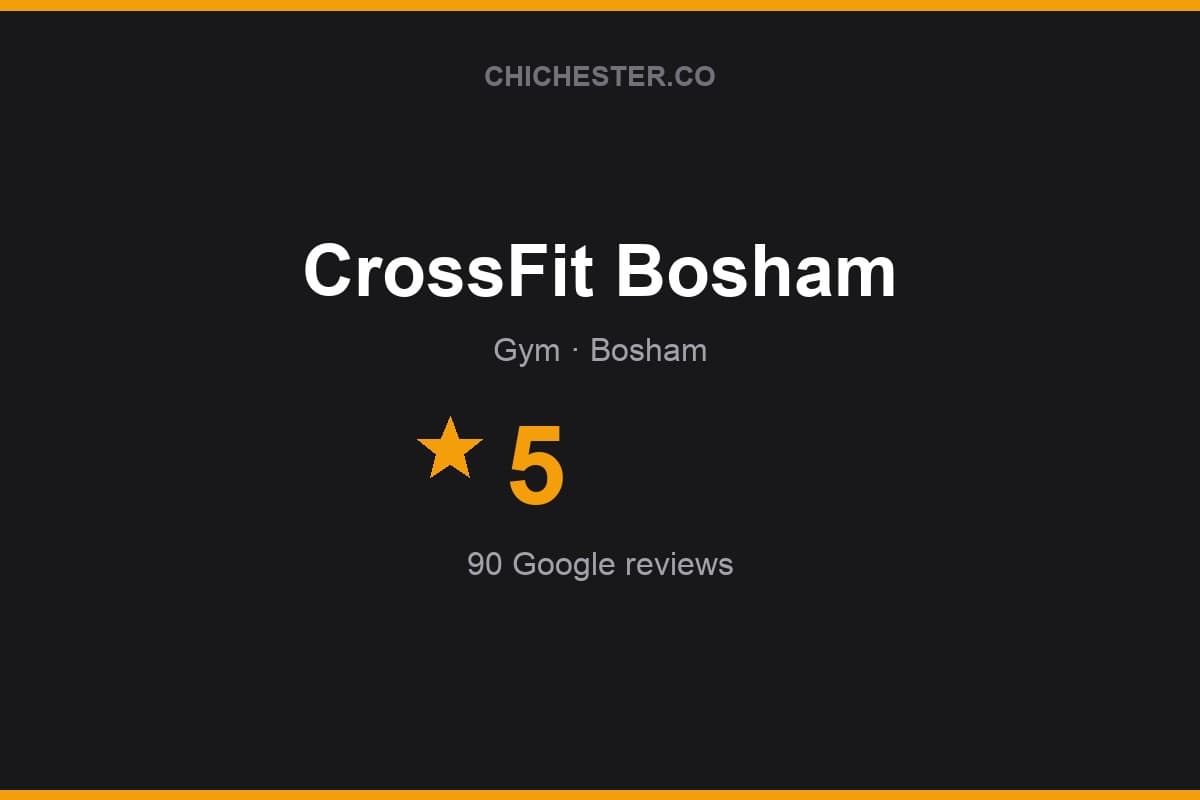 Branded Chichester Directory rating card for CrossFit Bosham: 5 stars, 90 Google reviews