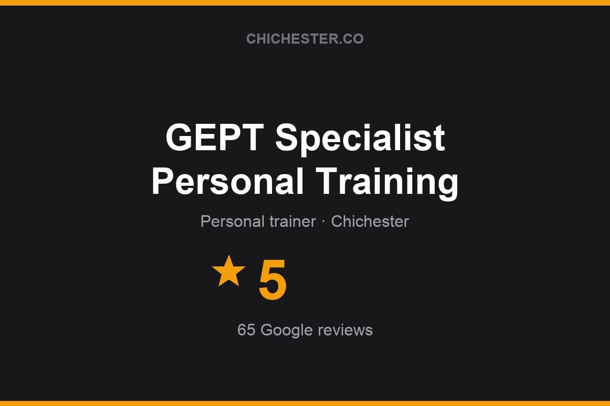 Branded Chichester Directory rating card for GEPT Specialist Personal Training: 5 stars, 65 Google reviews