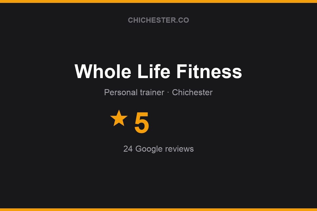 Branded Chichester Directory rating card for Whole Life Fitness: 5 stars, 24 Google reviews