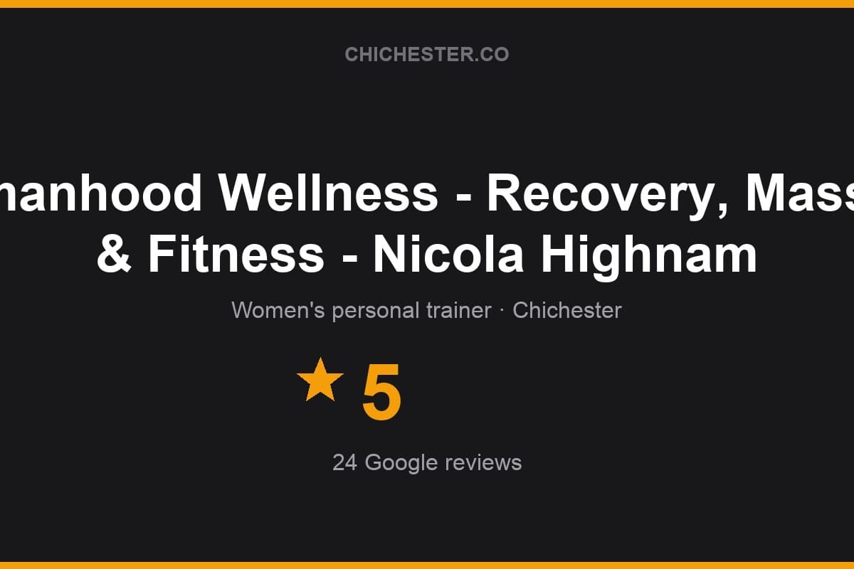 Branded Chichester Directory rating card for Womanhood Wellness - Recovery, Massage & Fitness - Nicola Highnam: 5 stars, 24 Google reviews