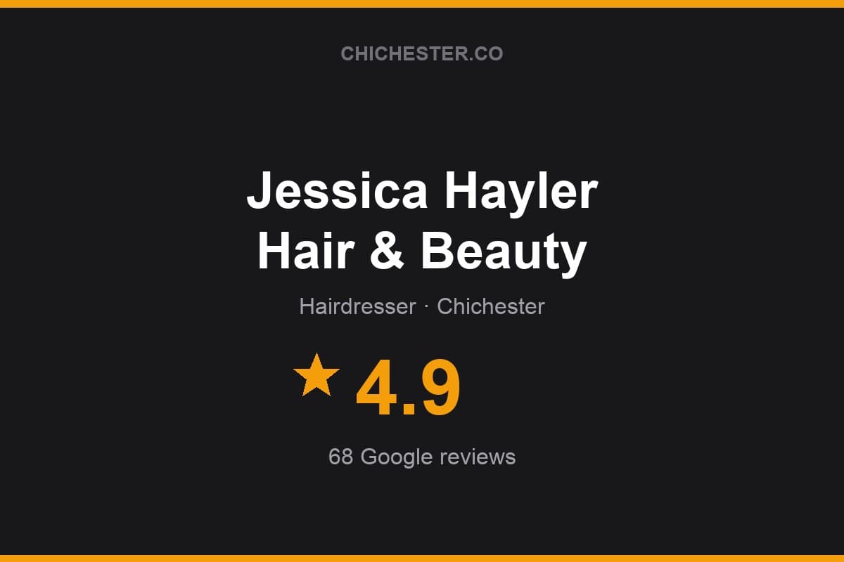 Branded Chichester Directory rating card for Jessica Hayler Hair & Beauty: 4.9 stars, 68 Google reviews