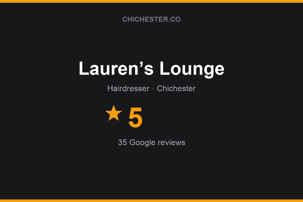 Branded Chichester Directory rating card for Lauren’s Lounge: 5 stars, 35 Google reviews