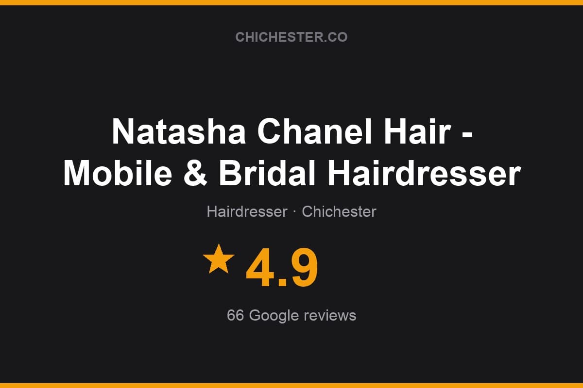Branded Chichester Directory rating card for Natasha Chanel Hair - Mobile & Bridal Hairdresser: 4.9 stars, 66 Google reviews