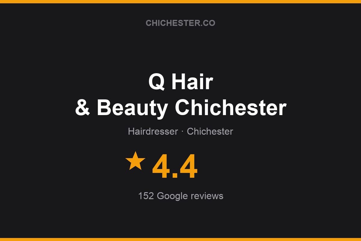 Branded Chichester Directory rating card for Q Hair & Beauty Chichester: 4.4 stars, 152 Google reviews