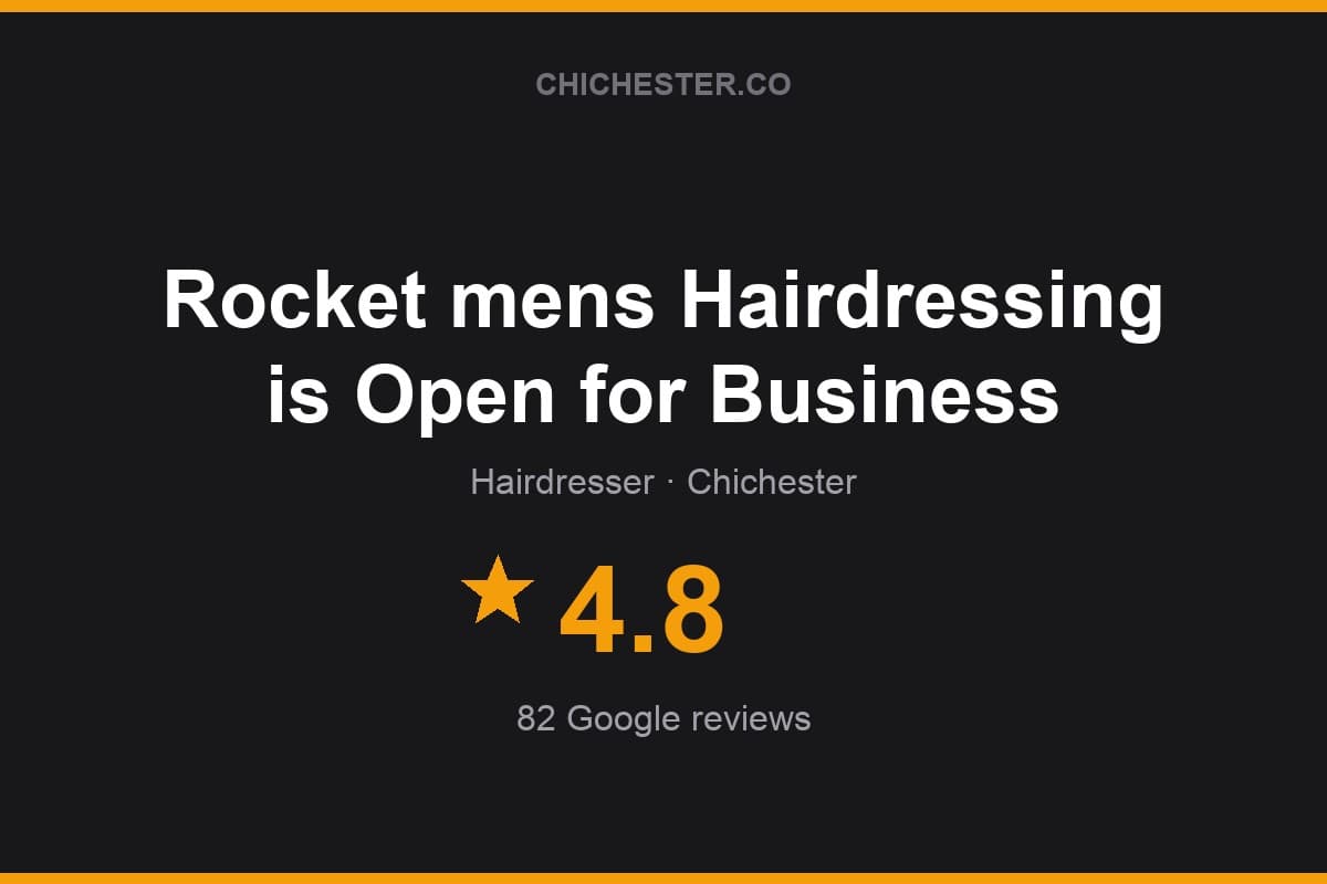 Branded Chichester Directory rating card for Rocket mens Hairdressing is Open for Business: 4.8 stars, 82 Google reviews