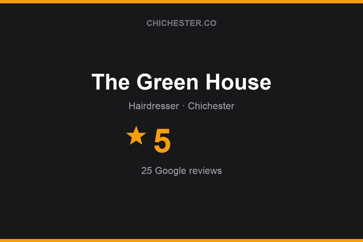 Branded Chichester Directory rating card for The Green House: 5 stars, 25 Google reviews