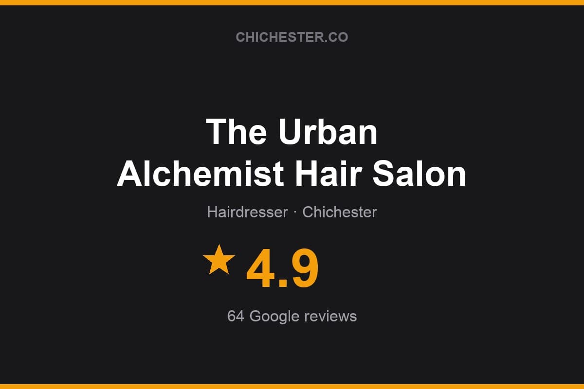 Branded Chichester Directory rating card for The Urban Alchemist Hair Salon: 4.9 stars, 64 Google reviews
