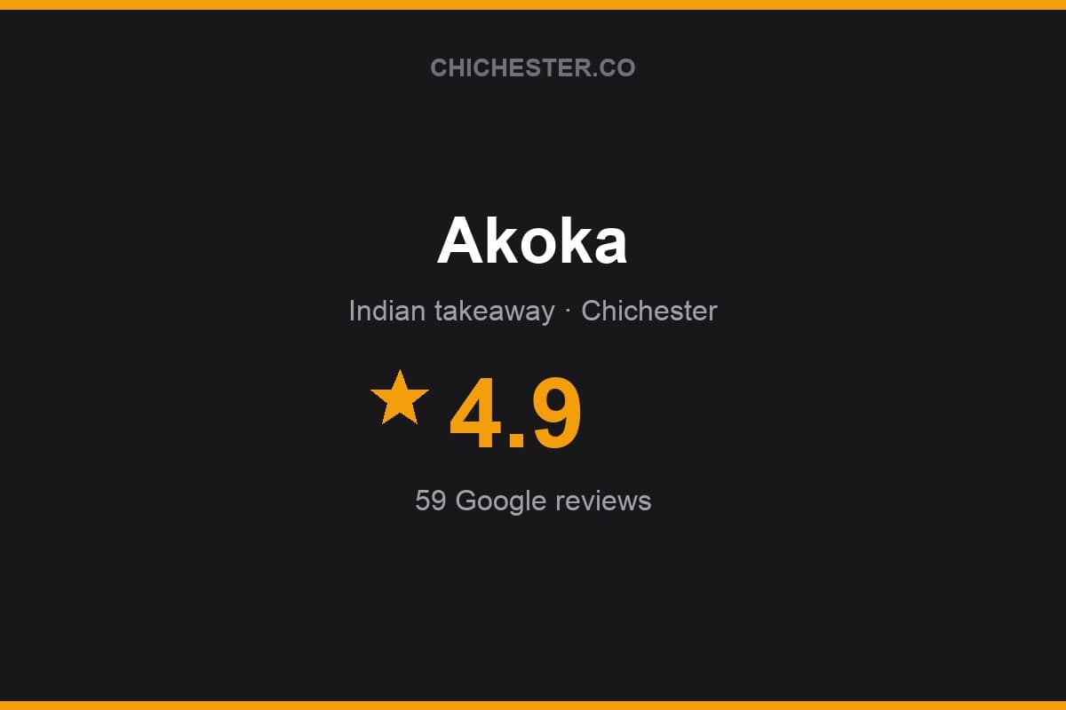 Branded Chichester Directory rating card for Akoka: 4.9 stars, 59 Google reviews