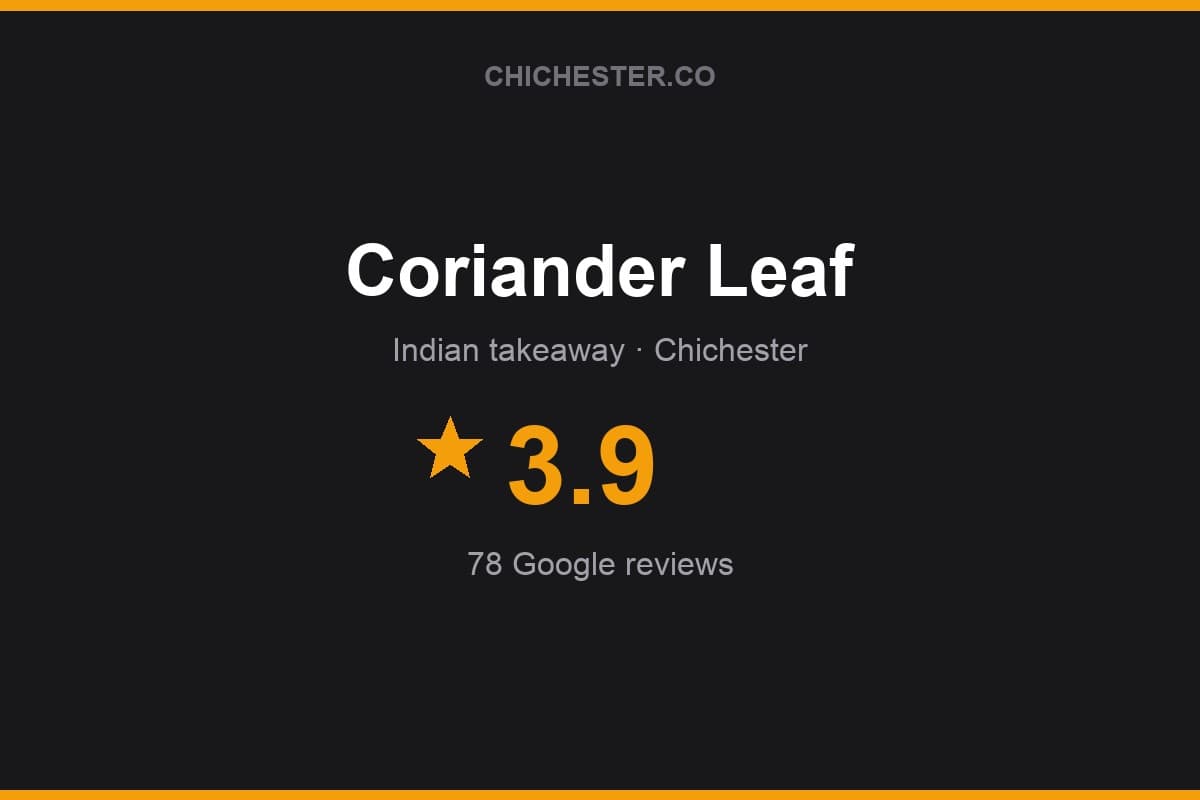 Branded Chichester Directory rating card for Coriander Leaf: 3.9 stars, 78 Google reviews