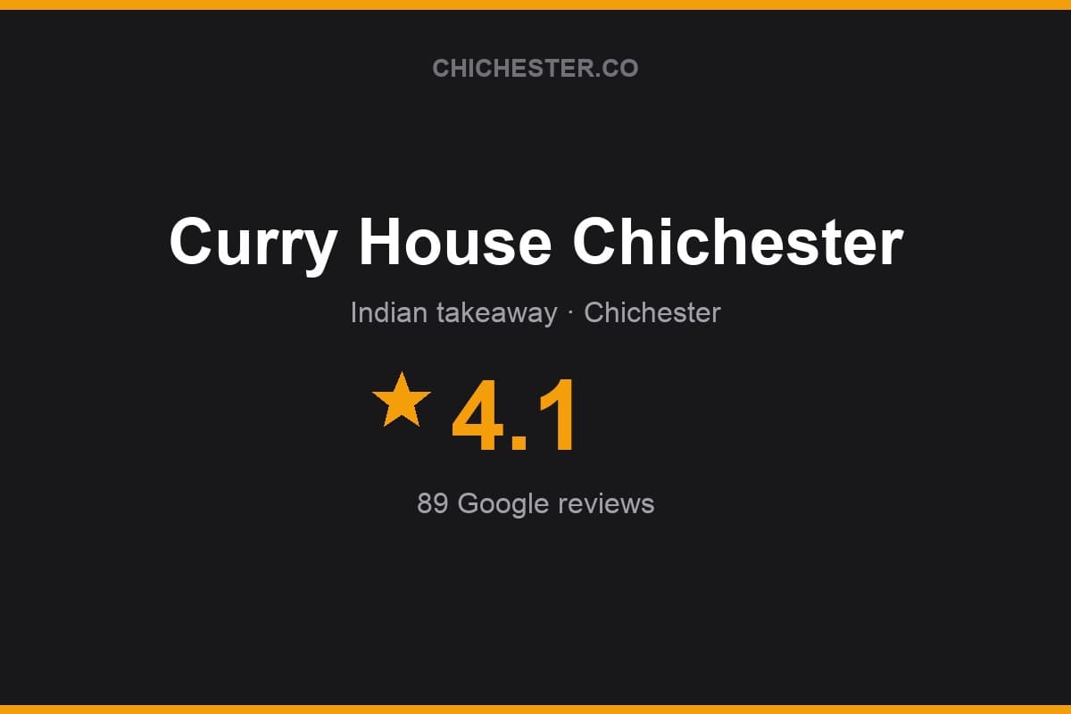 Branded Chichester Directory rating card for Curry House Chichester: 4.1 stars, 89 Google reviews