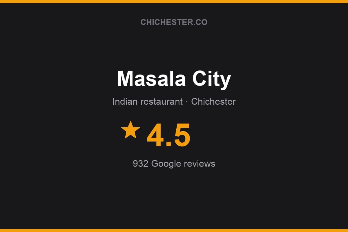 Branded Chichester Directory rating card for Masala City: 4.5 stars, 932 Google reviews