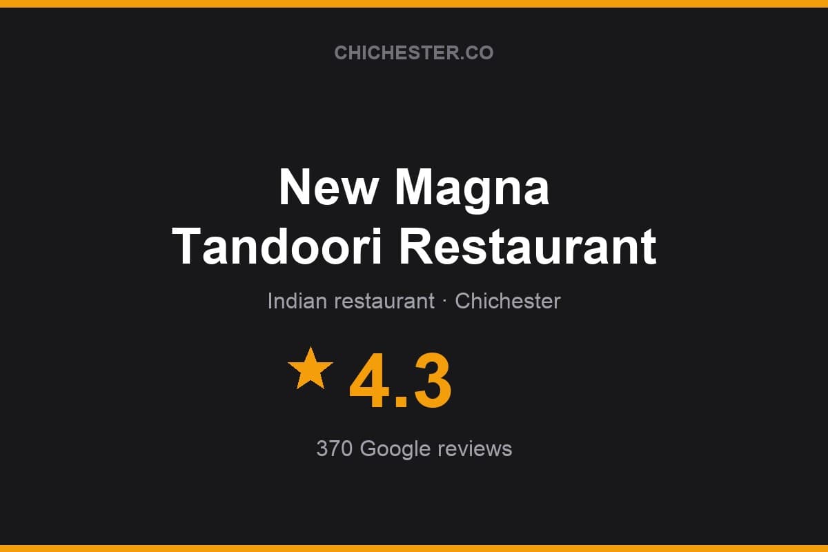Branded Chichester Directory rating card for New Magna Tandoori Restaurant: 4.3 stars, 370 Google reviews
