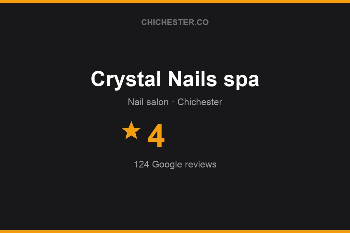 Branded Chichester Directory rating card for Crystal Nails spa: 4 stars, 124 Google reviews