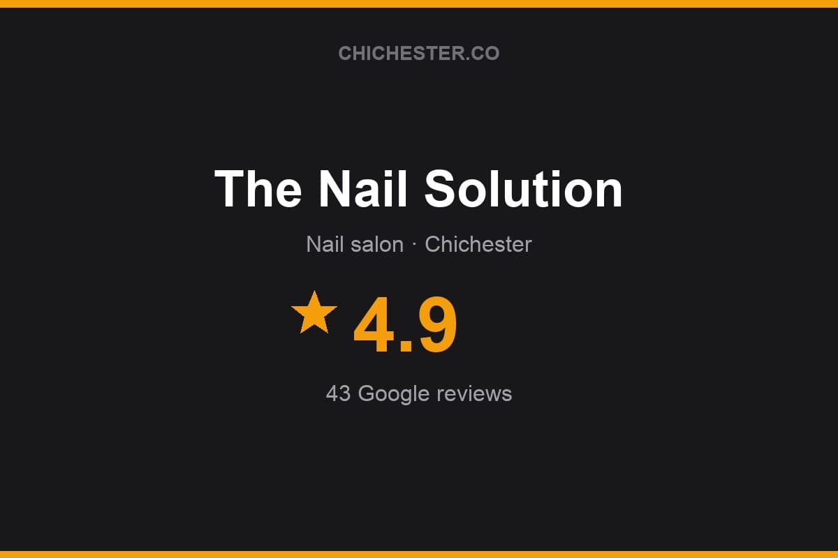 Branded Chichester Directory rating card for The Nail Solution: 4.9 stars, 43 Google reviews