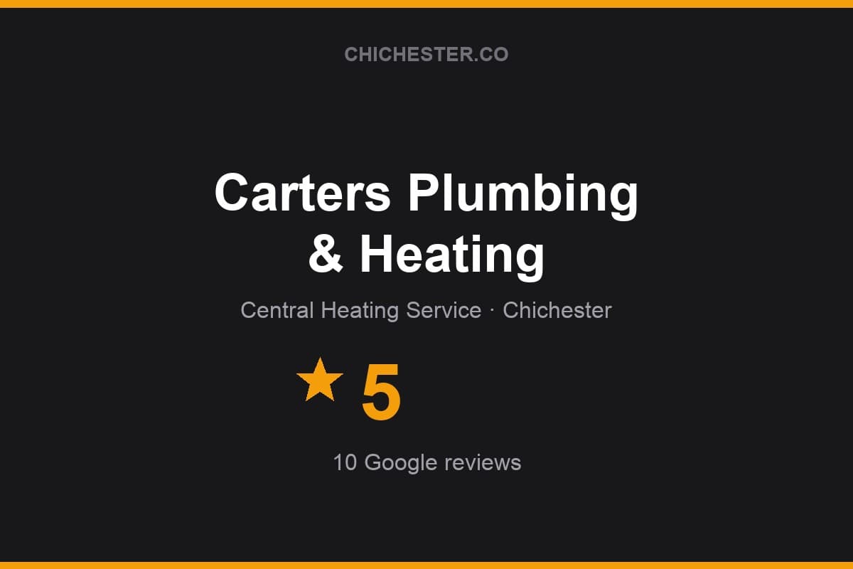 Branded Chichester Directory rating card for Carters Plumbing & Heating: 5 stars, 10 Google reviews