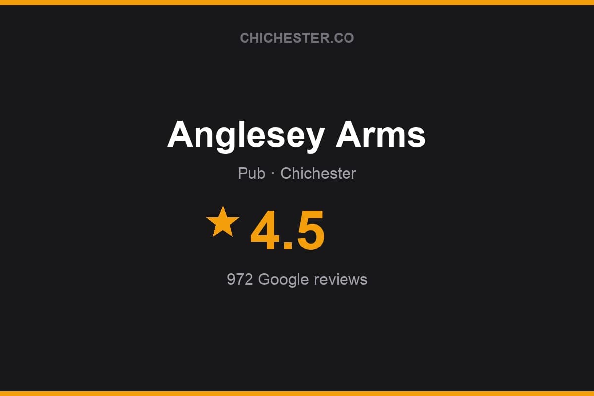 Branded Chichester Directory rating card for Anglesey Arms: 4.5 stars, 972 Google reviews