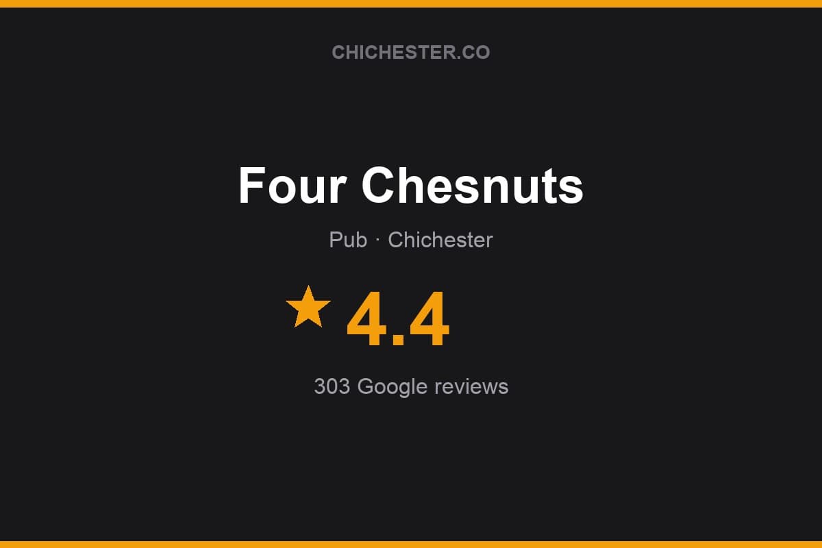 Branded Chichester Directory rating card for Four Chesnuts: 4.4 stars, 303 Google reviews