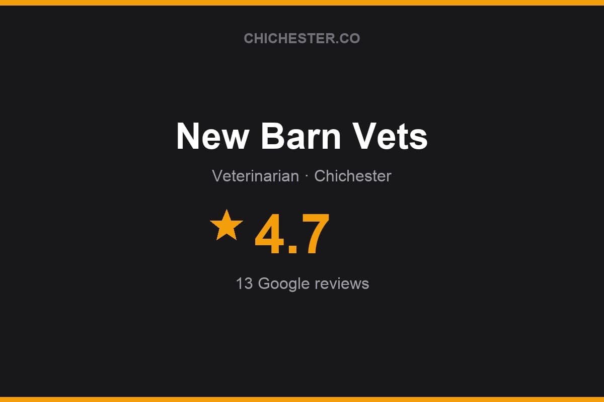 Branded Chichester Directory rating card for New Barn Vets: 4.7 stars, 13 Google reviews